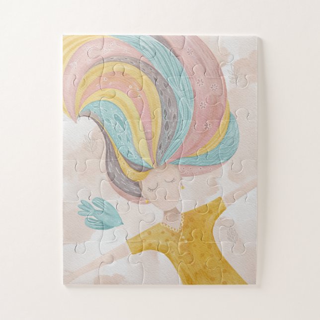 Quebra-cabeça Garota de desenho bonitinha de Watercolor. Fantasi (Vertical)