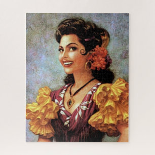 Quebra-cabeça Garota do Calendário Mexicana Linda Flamenco Doura