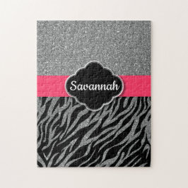 Quebra-cabeça Garota Glitter Prata Rosa Zebra Glam Adicione Seu 