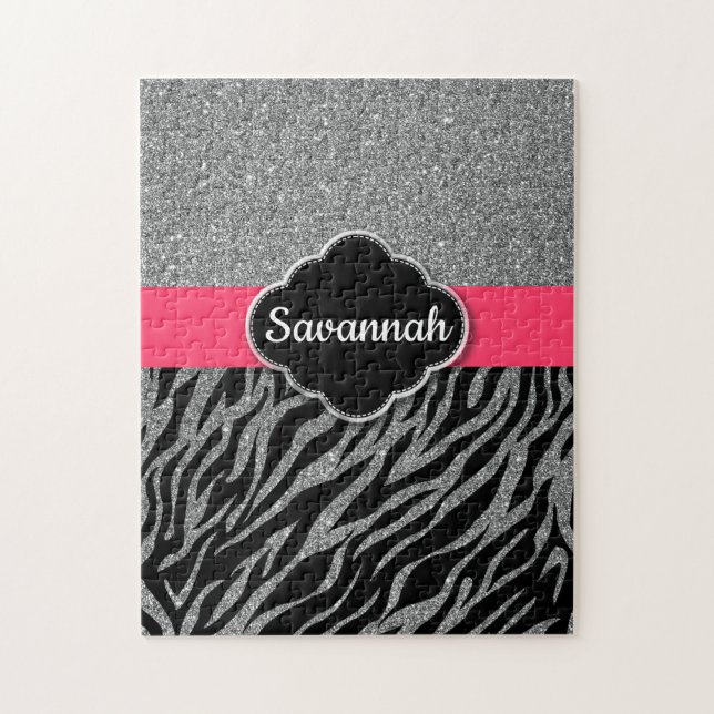 Quebra-cabeça Garota Glitter Prata Rosa Zebra Glam Adicione Seu  (Vertical)