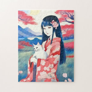 Quebra-cabeça Garota japonesa com um gato branco