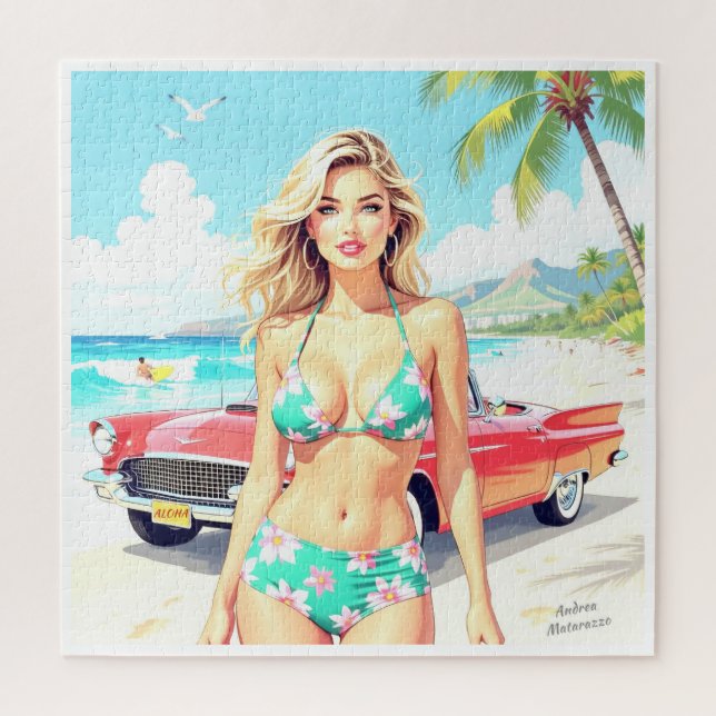 Quebra-cabeça Garota na praia com um carro clássico (Vertical)