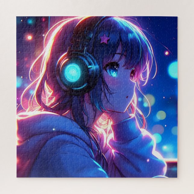 Quebra-cabeça Garota Neon Anime com Fones de ouvido em um Cósmic (Vertical)