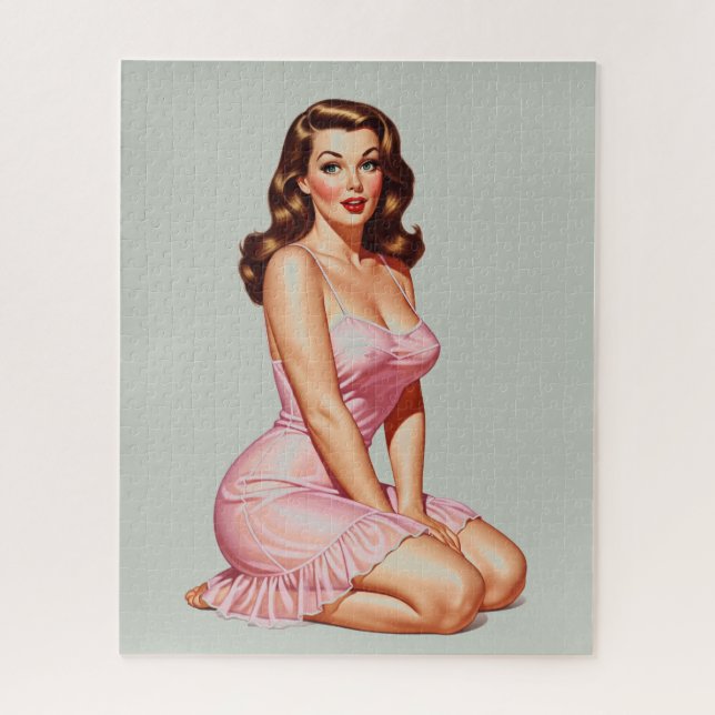 Quebra-cabeça Garota Pin-up Morena Retrô de Rosa  (Vertical)