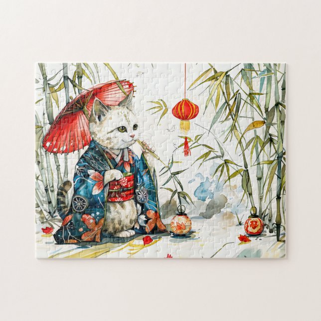 Quebra-cabeça Gata Geisha Branca com Guarda-Chuva Vermelho na Fl (Horizontal)