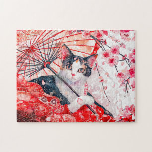 Quebra-cabeça Gata Geisha com Guarda-Chuva em Pintura a Tinta Ch