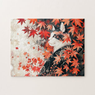 Quebra-cabeça Gata Geisha Preta e Branca Sob Folhas de Bordo Ver