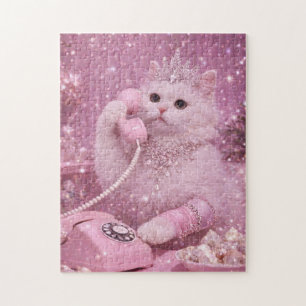 Quebra-cabeça Gatinha Princesa Glamurosa Usando Telefone Rosa