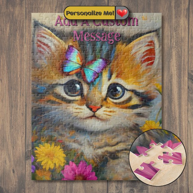 Quebra-cabeça Gatinho Artístico Borboleta Azul (Artistic Kitten Blue Butterfly Jigsaw Puzzle)