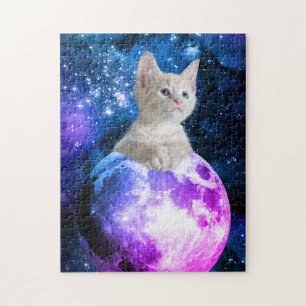 Quebra-cabeça Gatinho Bonito Na Lua, Estrelas Brilhantes, Univer