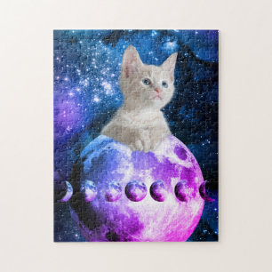 Quebra-cabeça Gatinho Bonito Na Lua Estrelas Brilhantes Universo