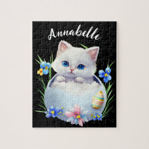 Quebra-cabeça Gatinho branco felz pascoa com flores