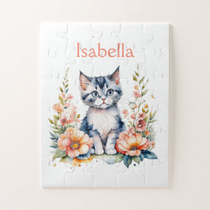 Quebra-cabeça Gatinho Cinza Personalizado em Flores Rosas