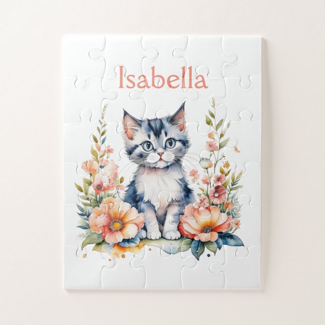 Quebra-cabeça Gatinho de Cinza Personalizado em Flores Rosa (Vertical)