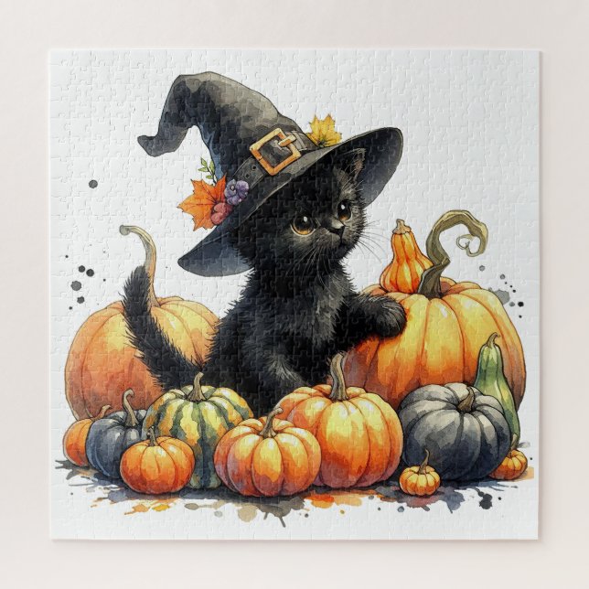 Quebra-cabeça Gatinho do Dia das Bruxas Negro com Pumpkins e Cha (Vertical)