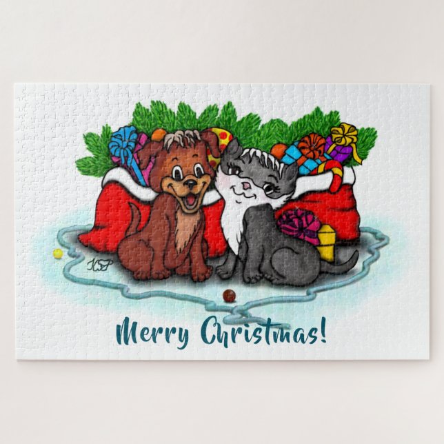 Quebra-cabeça Gatinho e puppy, XMas feliz (Horizontal)