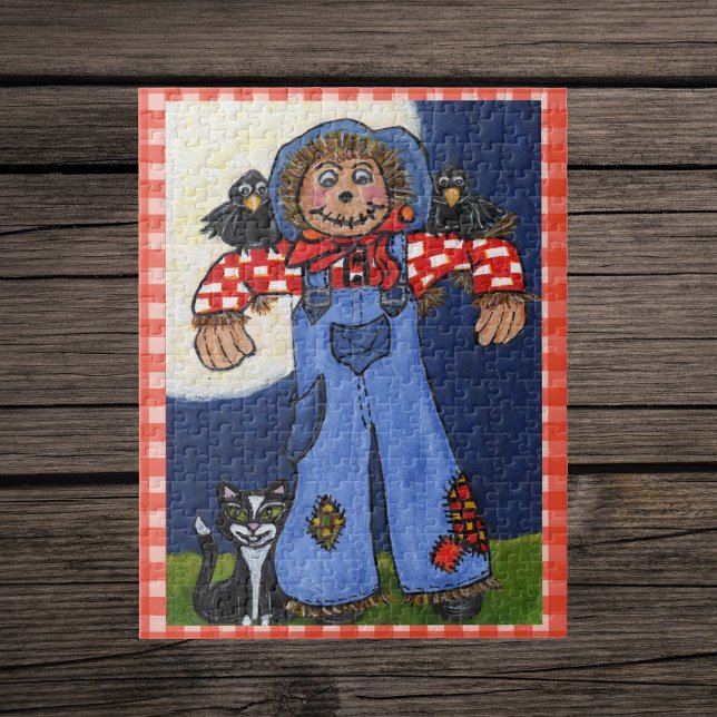 Quebra-cabeça Gatinho Espantalho de Arte Popular Fofo em Xadrez (Cute scarecrow plain shirt overalls with cat and crows big moon plaid border jigsaw puzzle.)