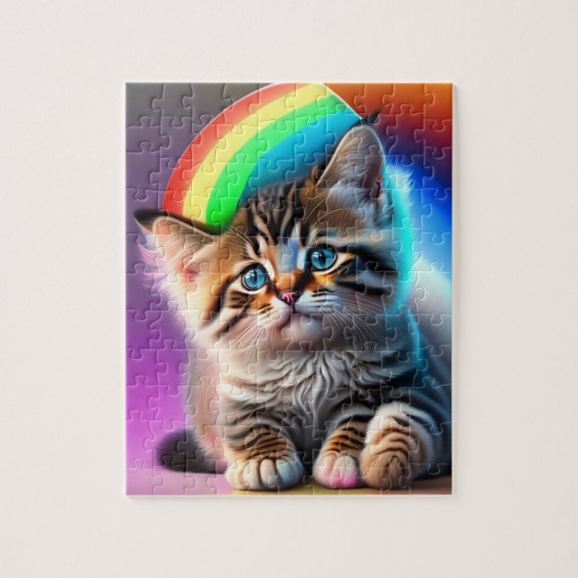 Quebra-cabeça Gatinho Fofo Com Arco-íris e Luzes Neon, Gato (Vertical)