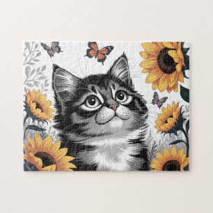 Quebra-cabeça Gatinho Fofo Com Girassóis