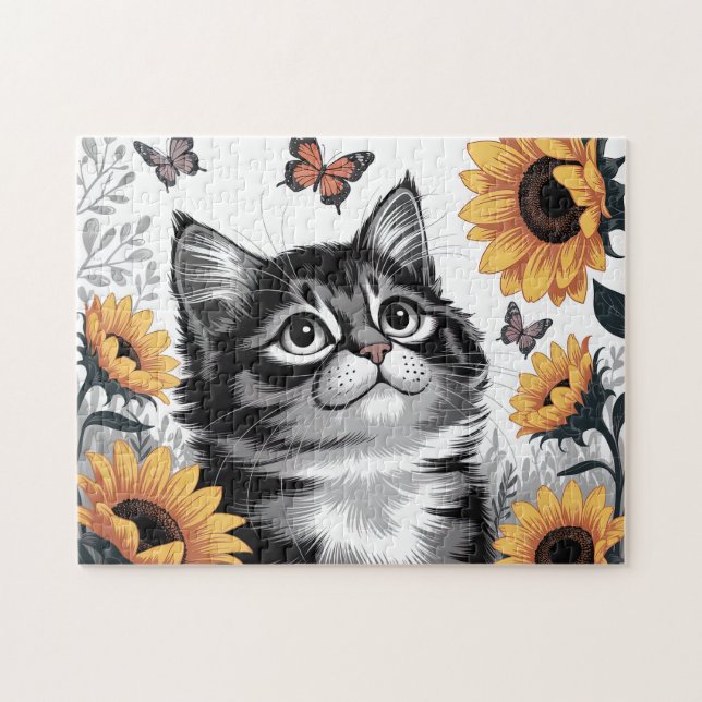 Quebra-cabeça Gatinho Fofo Com Girassóis (Horizontal)