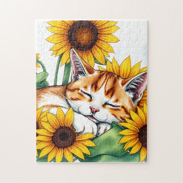 Quebra-cabeça Gatinho Fofo Dormindo e Girassóis (Vertical)