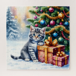 Quebra-cabeça Gatinho Fofo Sob a Árvore de Natal