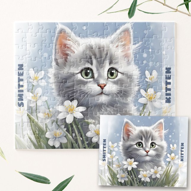 Quebra-cabeça Gatinho Gato Gato de inverno Primavera Floral Nome (Cute Kitten Cat Winter Spring Floral Custom Name Jigsaw Puzzle)