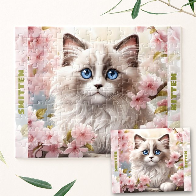 Quebra-cabeça Gatinho Gato Gato Primavera Floral Nome Personaliz (Cute Kitten Ragdoll Cat Spring Floral Custom Name Jigsaw Puzzle)