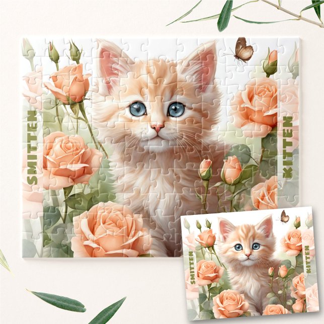 Quebra-cabeça Gatinho Gato Gato Rosa Floral de Verão Nome Person (Cute Kitten Cat Rose Floral Summer Custom Name Jigsaw Puzzle)