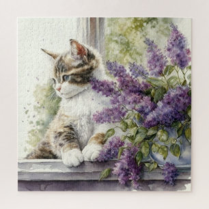 Quebra-cabeça Gatinho Gato Lavanda Flores Janela Luz Solar