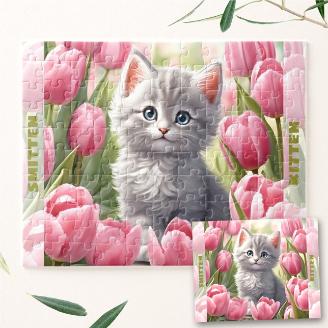 Quebra-cabeça Gatinho Gato Primavera Tulip Floral Nome Personali (Cute Kitten Cat Spring Tulip Floral Custom Name Jigsaw Puzzle)