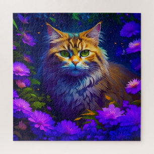 Quebra-cabeça Gatinho Laranja Fofo em Flores