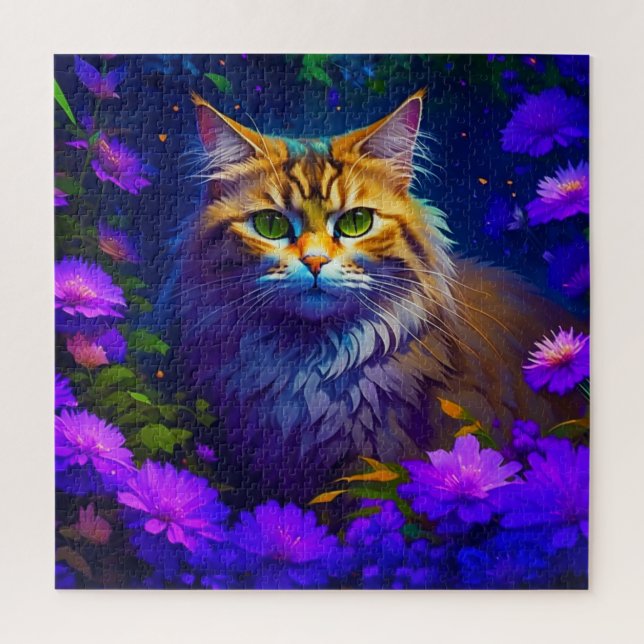 Quebra-cabeça Gatinho Laranja Fofo em Flores (Vertical)