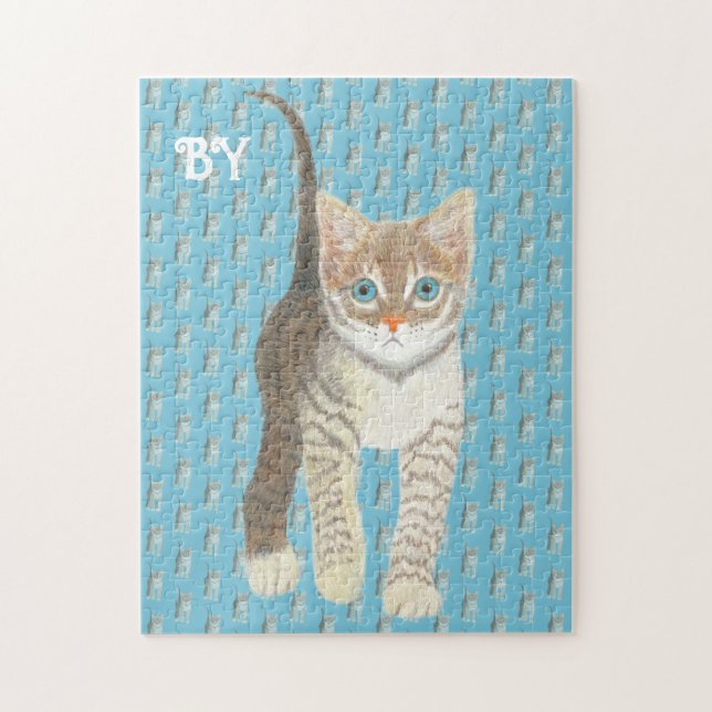 Quebra-cabeça Gatinho Malhado 11 x 14 Azul (Vertical)