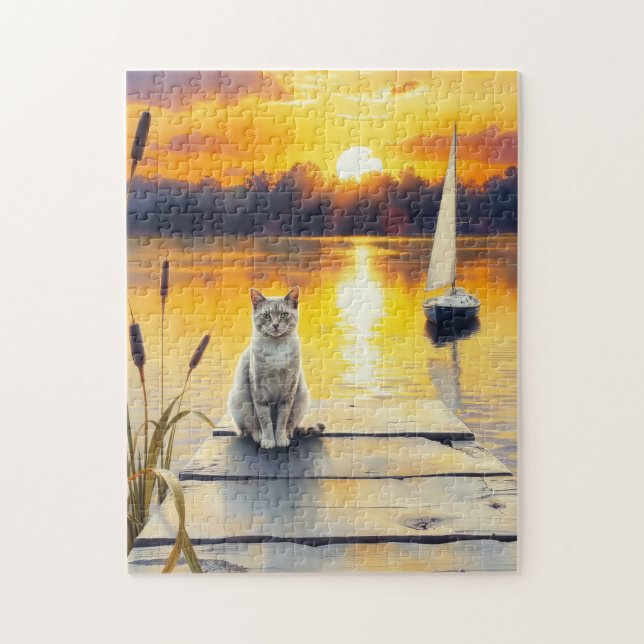 Quebra-cabeça gatinho no cais ao pôr do sol (Vertical)