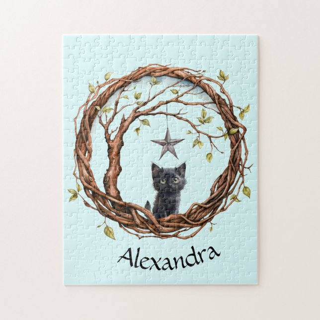 Quebra-cabeça Gatinho Preto Bonito Observando uma Estrela (Vertical)