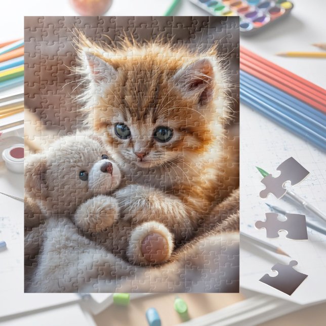 Quebra-cabeça Gatinho vermelho fofinho brincando com um ursinho  (Criador carregado)
