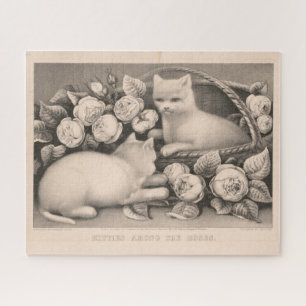 Quebra-cabeça Gatinhos 16x20 entre os Rosas - Currier & Ives Cat