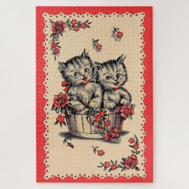 Quebra-cabeça gatinhos adoráveis num cesto de flores (Vertical)