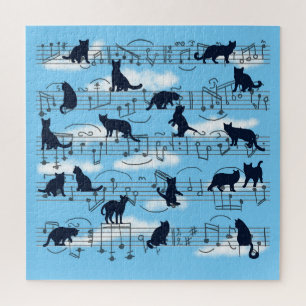 Quebra-cabeça gatinhos azuis e notas musicais