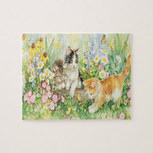 Quebra-cabeça Gatinhos Bonitos Brincando Num Jardim De Flor