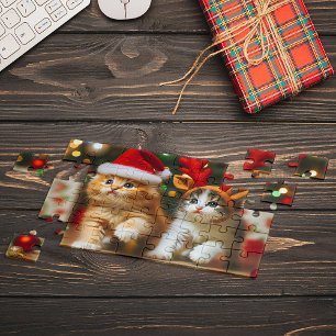 Quebra-cabeça Gatinhos bonitos com Papai Noel e chapéus de rena