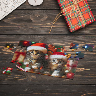 Quebra-cabeça Gatinhos bonitos com Papai Noel e chapéus de rena 