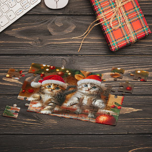 Quebra-cabeça Gatinhos bonitos com Papai Noel e chapéus de rena 