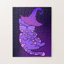 Quebra-cabeça Gatinhos Roxos com Chapéus e Estrelas de Bruxas