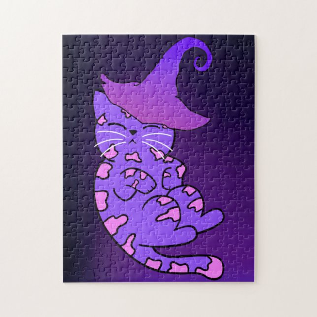 Quebra-cabeça Gatinhos Roxos com Chapéus e Estrelas de Bruxas (Vertical)