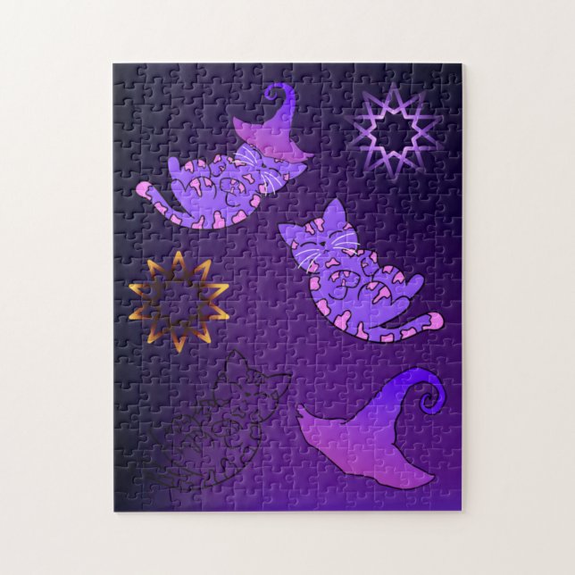 Quebra-cabeça Gatinhos Roxos com Chapéus e Estrelas de Bruxas (Vertical)