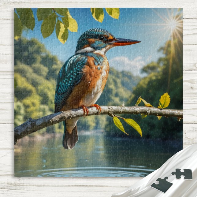 Quebra-cabeça Gatista majestoso, pássaro selvagem por rio na nat (A jigsaw puzzle with picture of a majestic kingfisher sitting on a branch by the river)