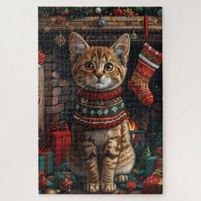Quebra-cabeça Gato Abissínio com Presentes de Natal Lareira (Vertical)