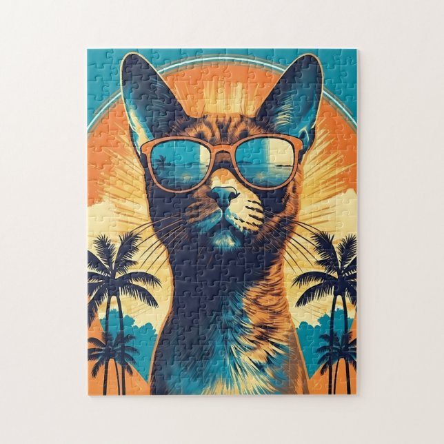 Quebra-cabeça Gato Abissino com óculos de sol numa praia tropica (Vertical)